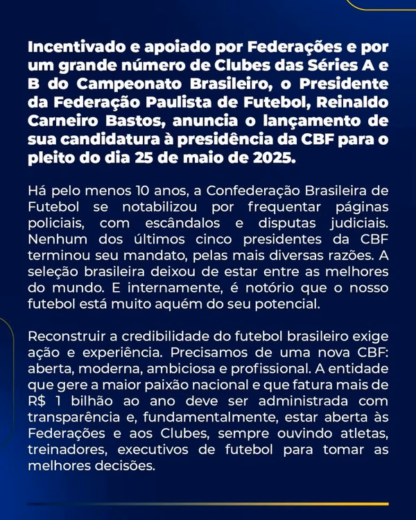Eleições CBF: presidente da Federação Paulista oficializa candidatura