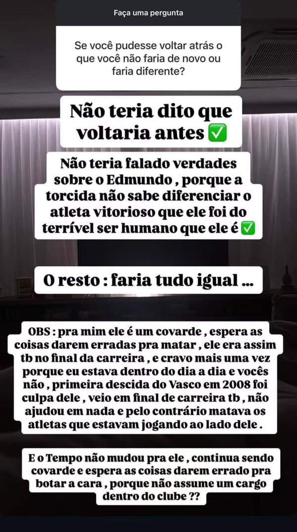 Ex-jogador do Vasco detona Edmundo: “Culpado pelo rebaixamento”