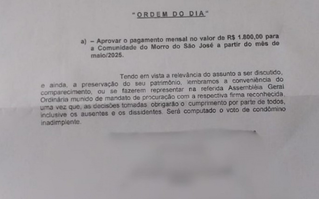 Síndico convoca reunião de condomínio para aprovar “boleto do tráfico”