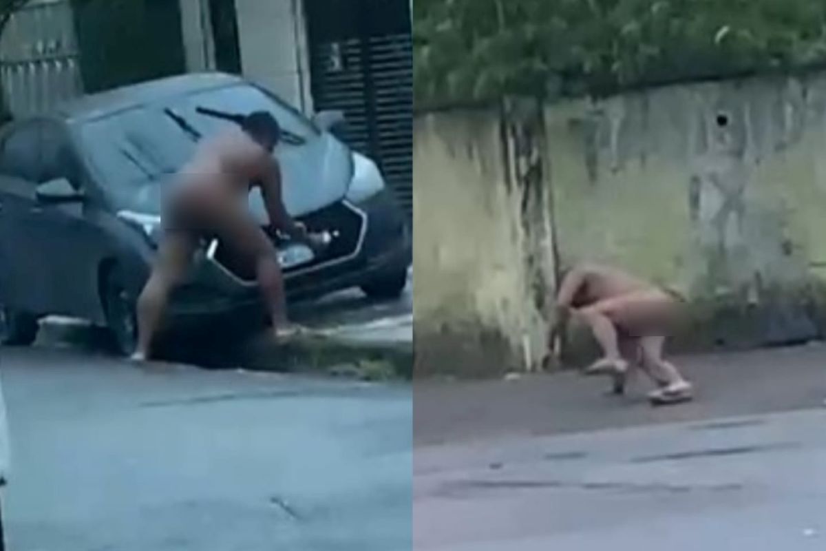 Homem pelado vandaliza placa de carro e caminha perto de escola. Vídeo