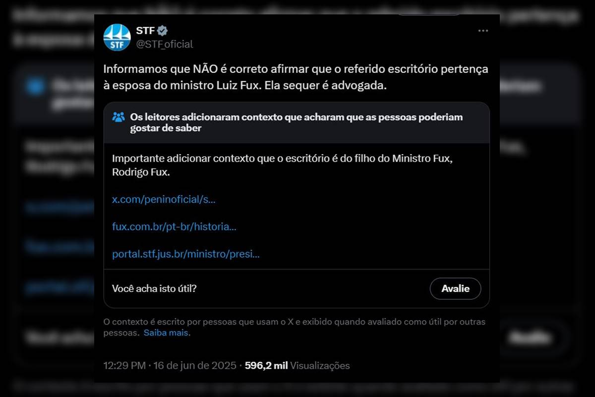 Perfil oficial do STF rebate história envolvendo esposa de Luiz Fux