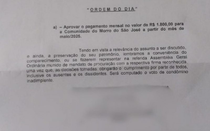 Síndico convoca reunião de condomínio para aprovar “boleto do tráfico”